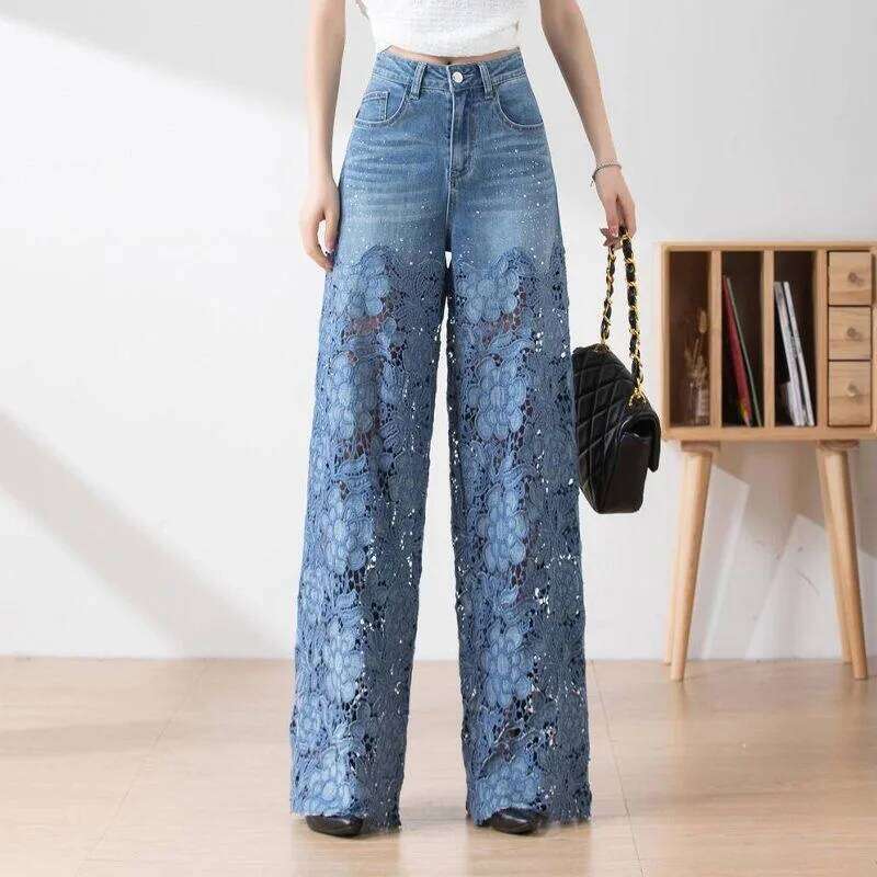 Y2k Women's cute jeans High Leg Waisted Wide 2025 Spring Summer Fashion Hollow Lace Patchwork Denim Pants Z260313