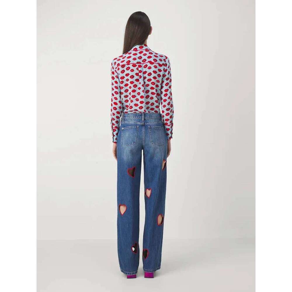 TWOTWINSTYLE Hollow Out Denim Pants For Women High Waist Patchwork Pockets Casual Straight Jeans Female Fashion Style Z260313