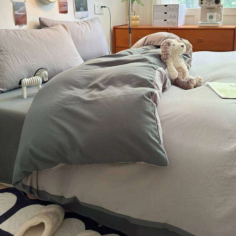 2025 washed cotton solid color four piece set for student dormitory bed sheets duvet covers, small and fresh brushed bedding H260312 - view 4