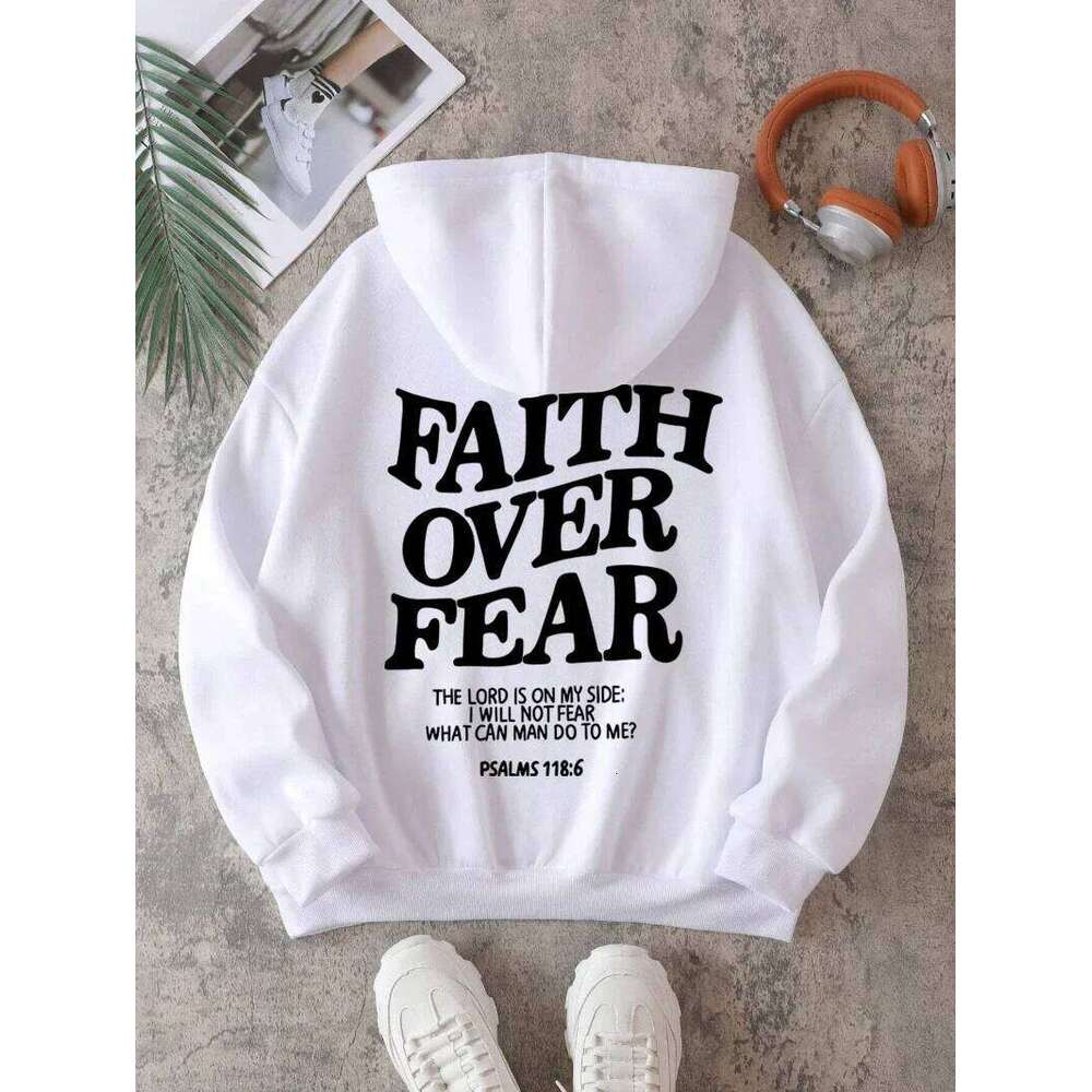 Casual hoodie, faith overcomes fear, letter printed sweatshirt, warm and comfortable pocket pullover, autumn streetwear Z260315