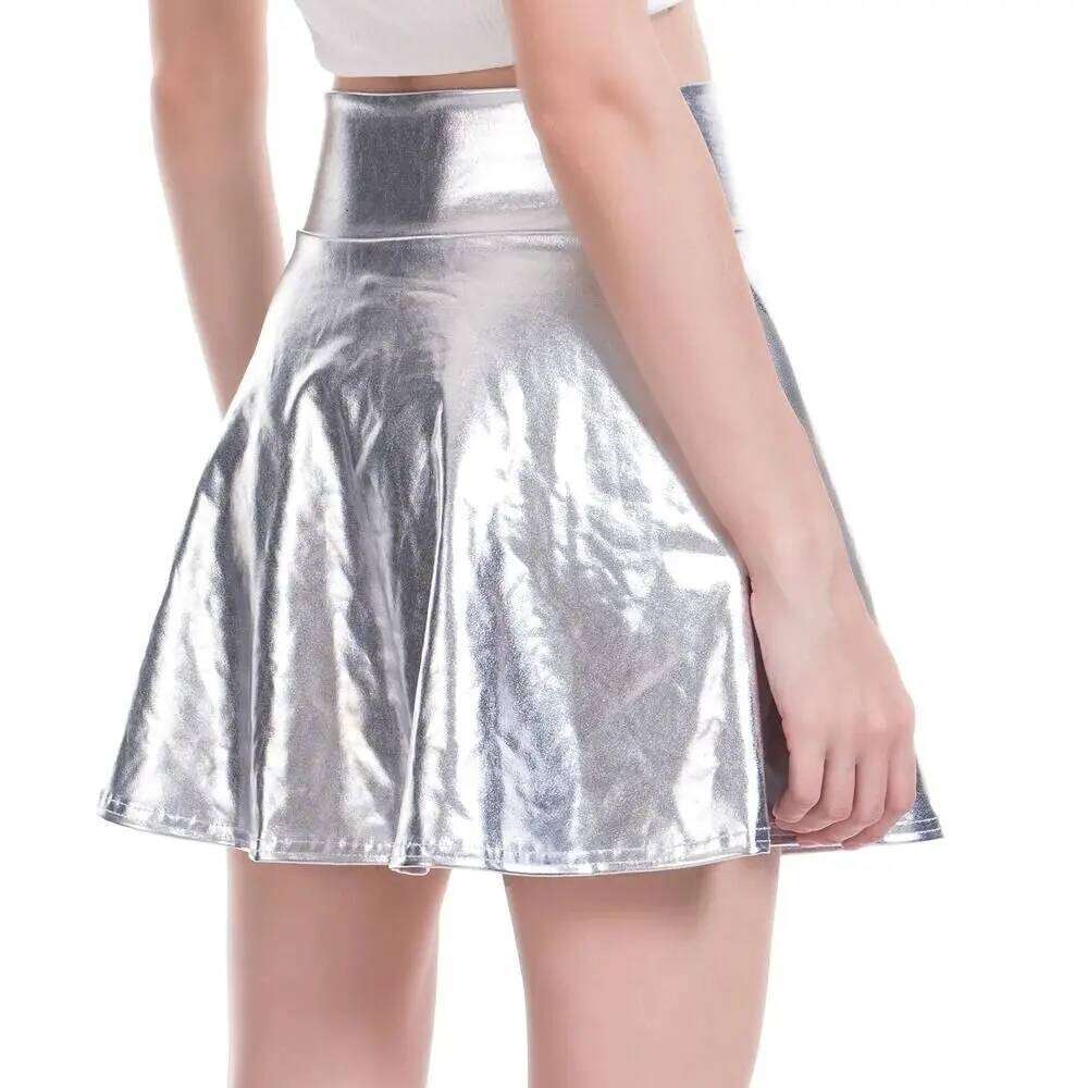 Elegant Metallic Pleated Gold Silver Retro Shiny Dress Elastic Flared Design A-line Short Skirt Clubwear Z260314