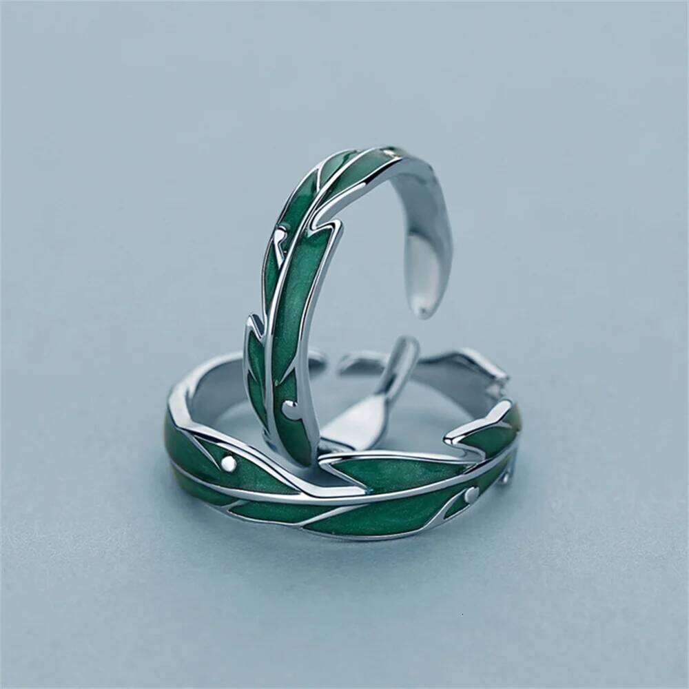 New Fashion Green Leaves Couple Rings For Women Men rs Forever Silver Color Open Ring Bridal Engagement Wedding Jewelry H260312