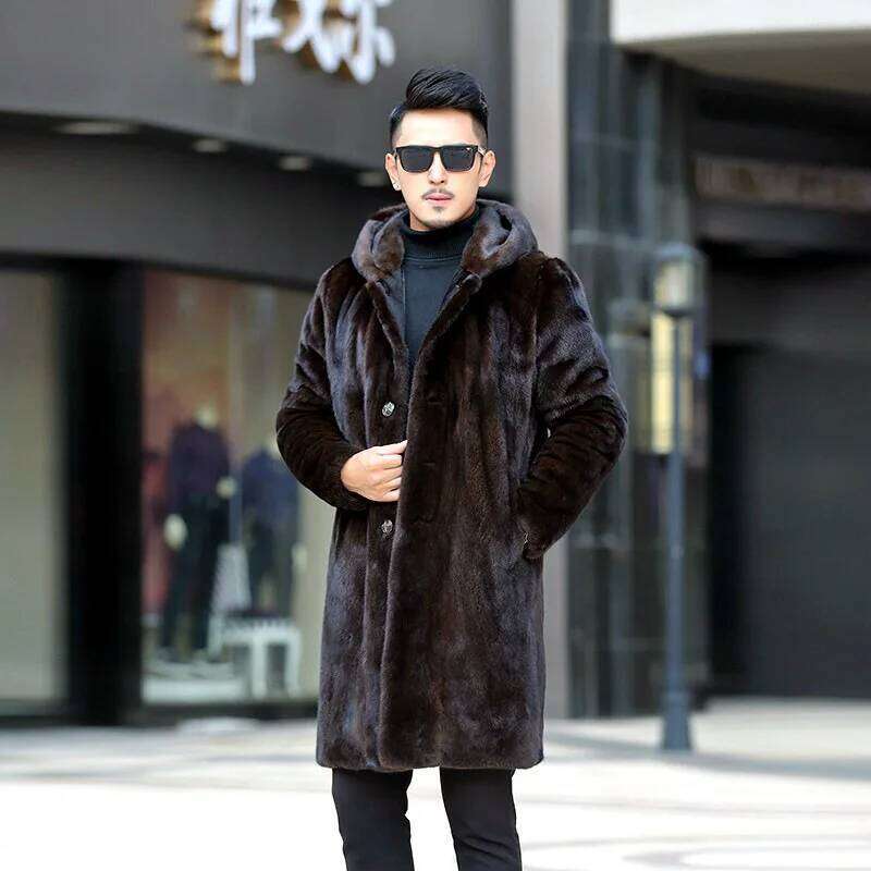 Men Faux Fur Hooded Single Breasted Jackets Thick Warm Straight Midi Length Jacket Pockets Casual Autumn Winter Z260313
