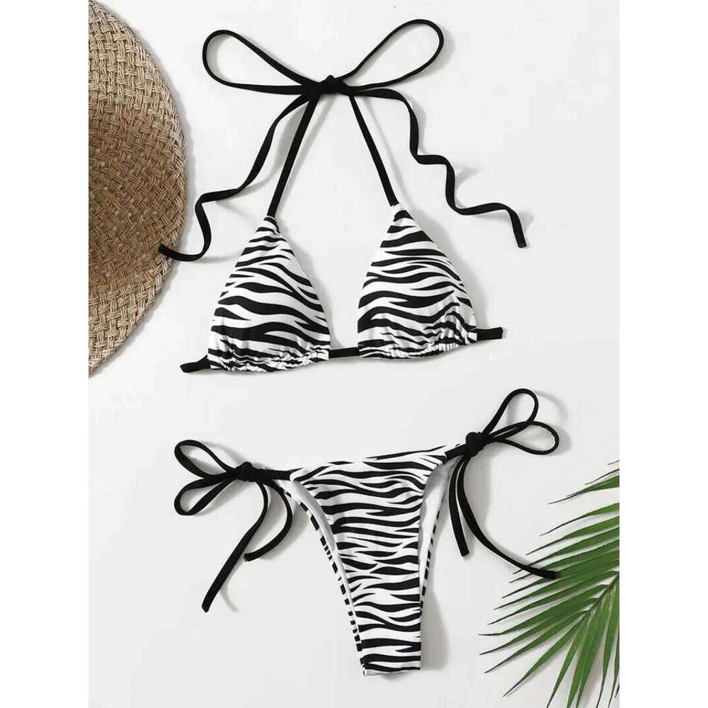 zebra striped micro bikini women halter push up bra triangle swimsuit Brazilian summer bathing swimwear 2024 swimming suit Y260303