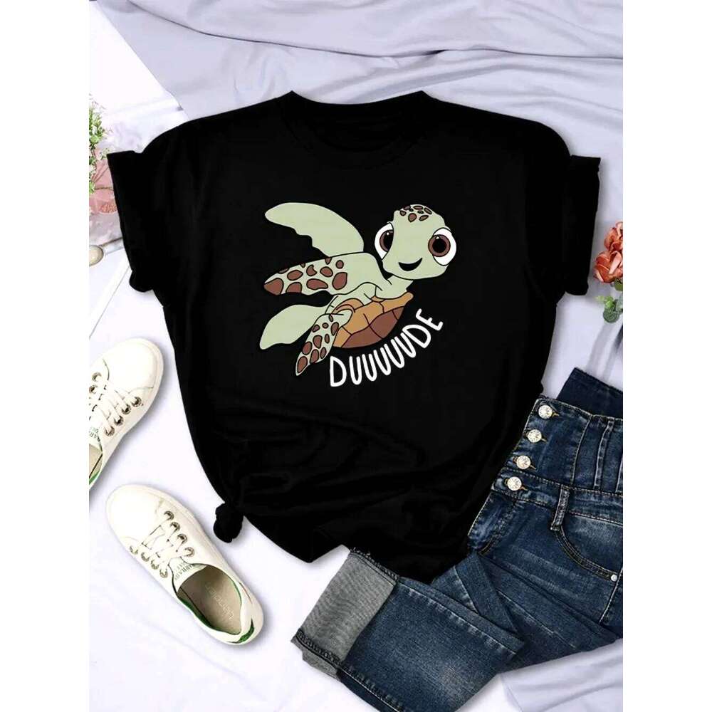 Simple Women T-Shirts Cute Cartoon Turtle Letter Prints Tops O-Neck Comfortable Soft Tee Summer Casual Female Aesthetics Clothes Z260314
