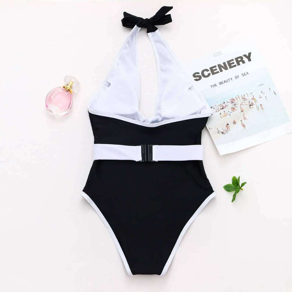 Sexy V Neck Halter One Piece Swimsuit for Women New Black with White Belt Monokini Swimwear 2023 Push Up Backless Bathing Suit Y260303