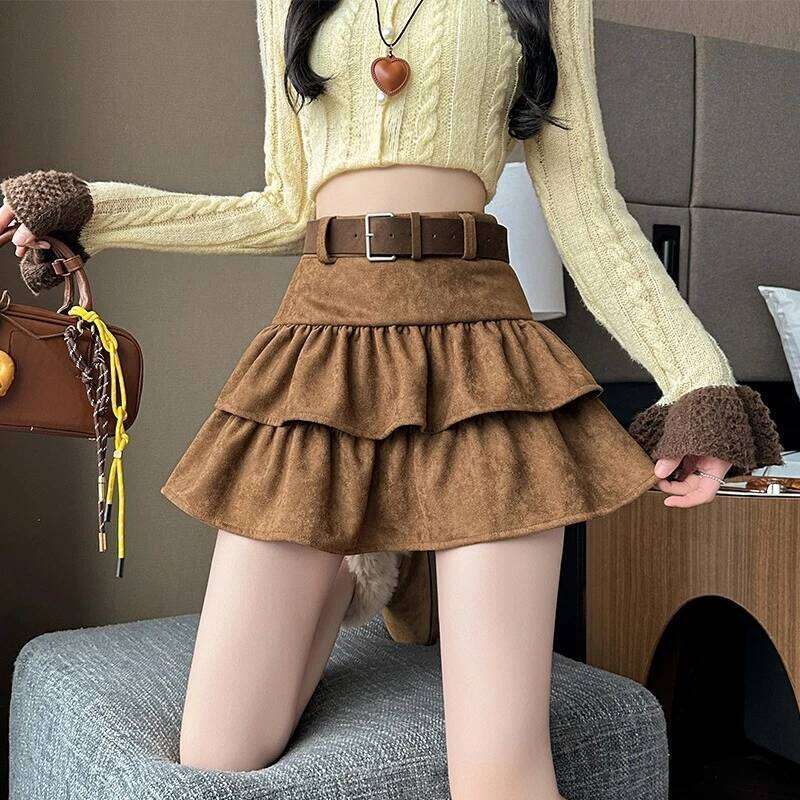 Seoulish High Waist Vintage Velvet Women's Cake Short Skirts with Belted 2025 New Autumn Winter Ruffles A-line Mini Skirt Female Z260314