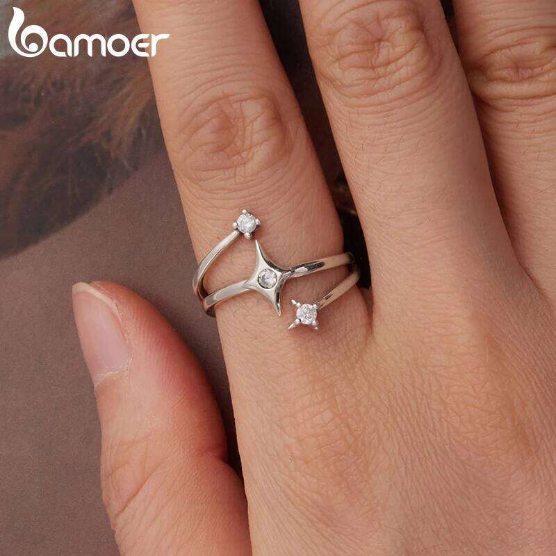 BAMOER Solid 925 Sterling Silver Starry Adjustable Ring Three-layer Minimalist CZ Jewelry Birthday Gift Original for Women H260312