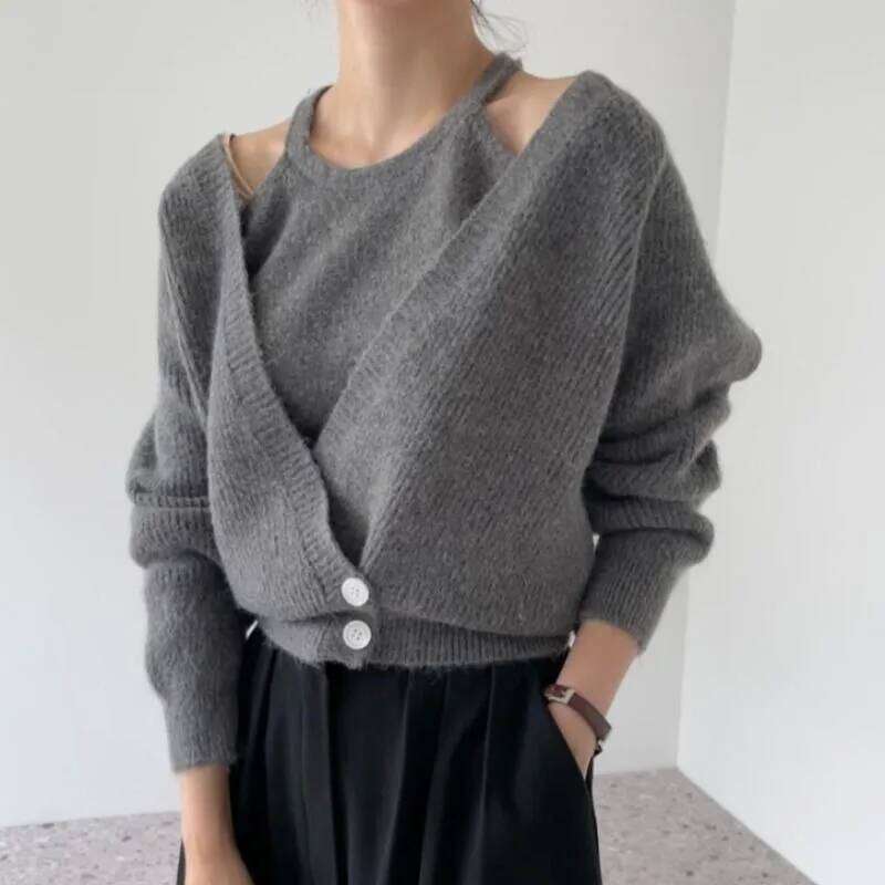 Korean Autumn and Winter New Style V-neck Sweater Cardigan Cashmere Knitted Vest Design Sense Two-piece Set Women's Top Jumper Z260313