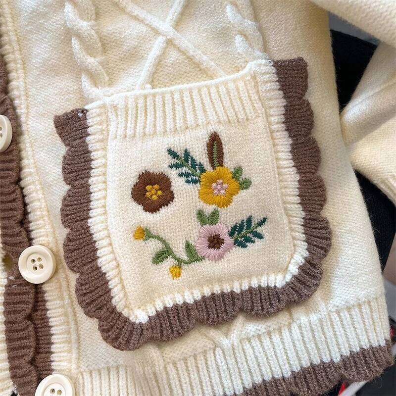Floral Embroidery Knit Cardigan Women Sweet Preppy Button Pocket Patchwork Sweater Loose Long Sleeve Cute Autumn Winter Outwear Z260313