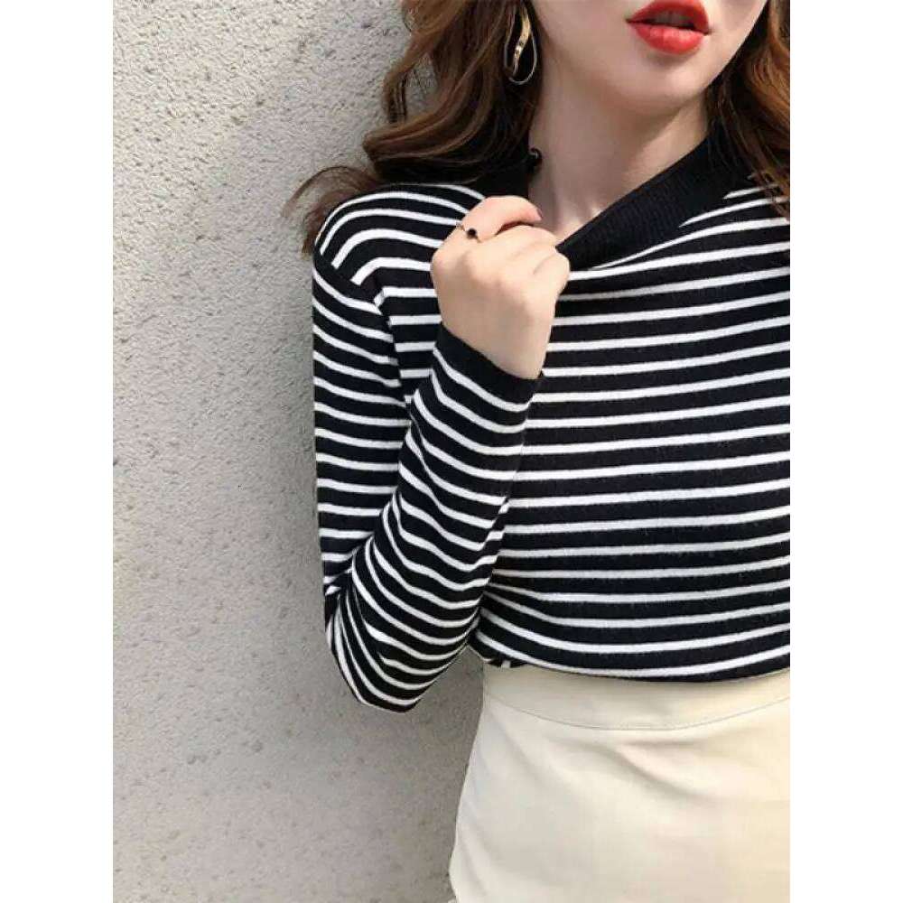 Autumn Winter Women Mock neck Sweaters Pullover Tops Fashion Female Skinny Elastic Long Sleeve Casual Striped Knitted Shirts Z260313