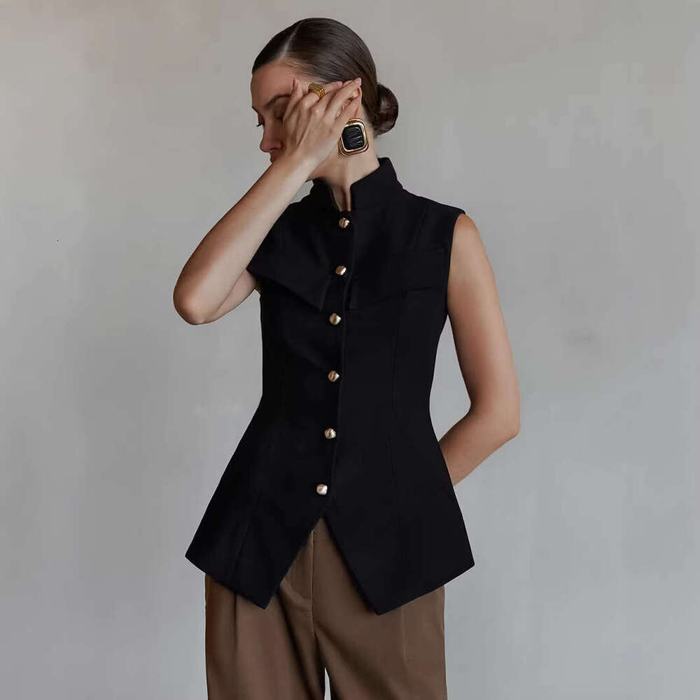 Spring Summer European And American Women S Fashion Design Small Stand Up Collar Buttoned Sleeveless Waist Cinching Hem Slit Elegant Top Vest MAKOUFEI
