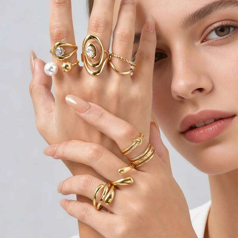 Fashion Stainless Steel Open Minimalist for Women, Unique Adjustable Geometric Stacking Ring Gold Plated Waterproof Jewelry H260312