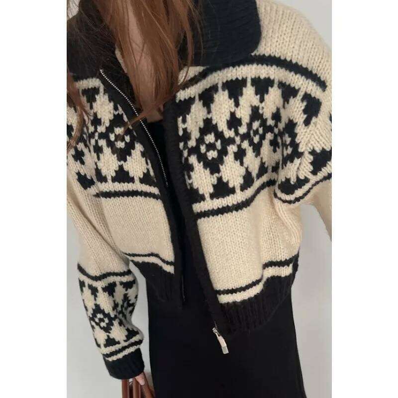 NEW Korean Gentle Touch Winter Retro Cardigan Chic Jacquard Zipper Knitted Sweater Cozy Jacket Z260313