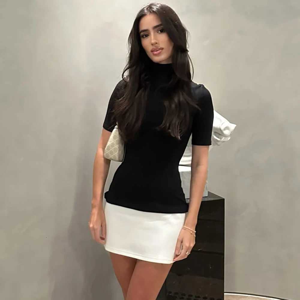 Talenza Elegant Contrast Color Mini Dress Womens Sexy High Neck Short Sleeve Hip Patchwork Dress Party Club Y2k Slim Mini DressT260314