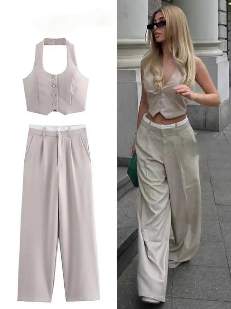 HH Women Fashion Solid Vest Pant Suit Single Breasted Halter Cropped Vests Top High Waist Patchwork Trouser Office Lady Sets M260313