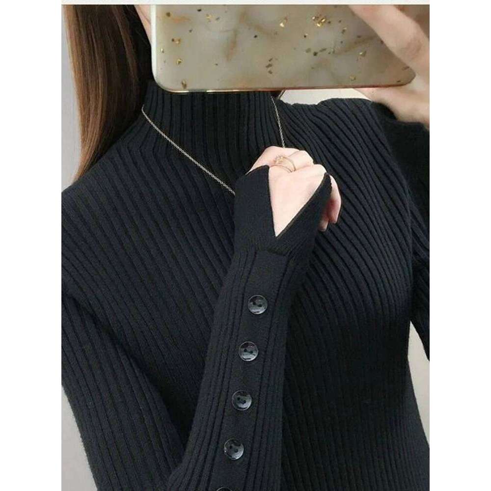 New Semi Turtleneck Women's Sweaters Pullover Korean Slim Warm Basic Knitwear Fall Brown Black Sweater Female Button S-Xl Z260313