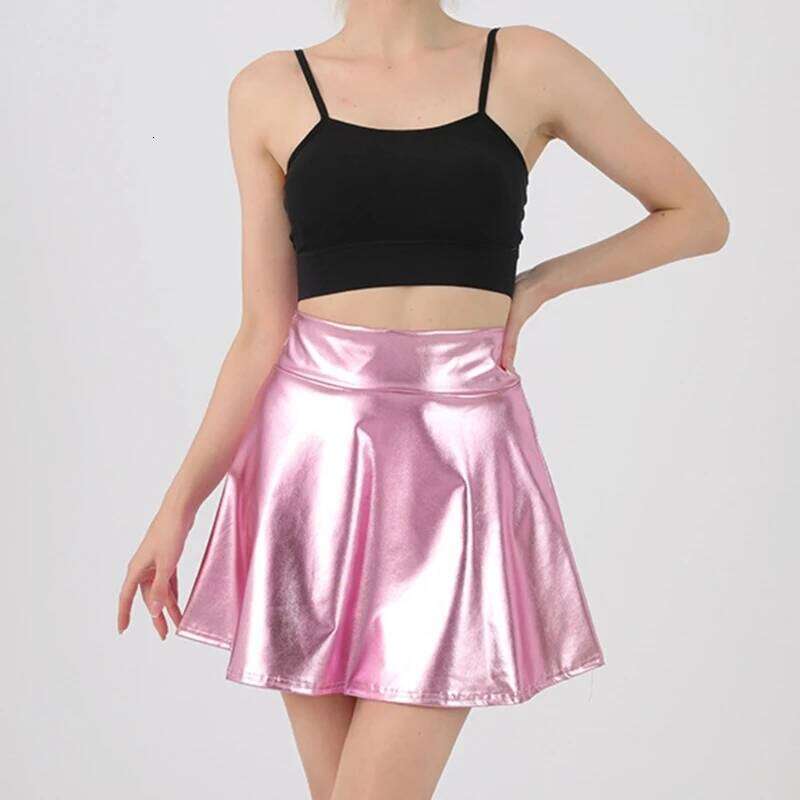Women Sparkling Metallic Pleated Mini Elastic High Waist PU Shining Flared Short Skater Skirt for Party Club Daily Wear Z260314