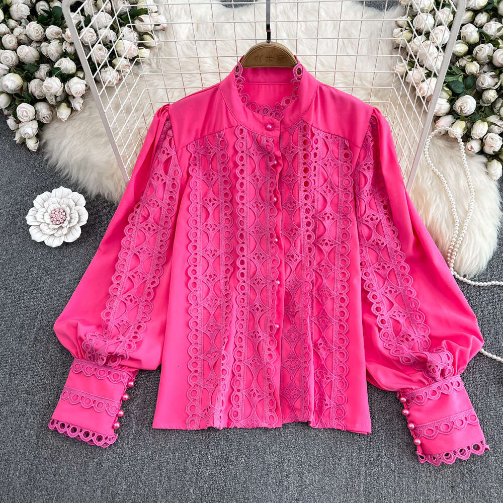 2026 Spring and Autumn Korean Style Elegant Stand up Collar Lace Crochet Hollow Loose Women's Long Sleeve Shirt