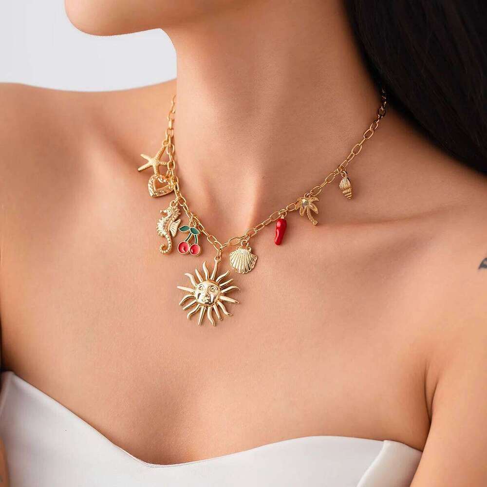 Salircon Sun Starfish Scallop Pendant Necklace for Women Vintage Conch Summer Beach Holidays Gold Color Chain Jewelry Gift H260312