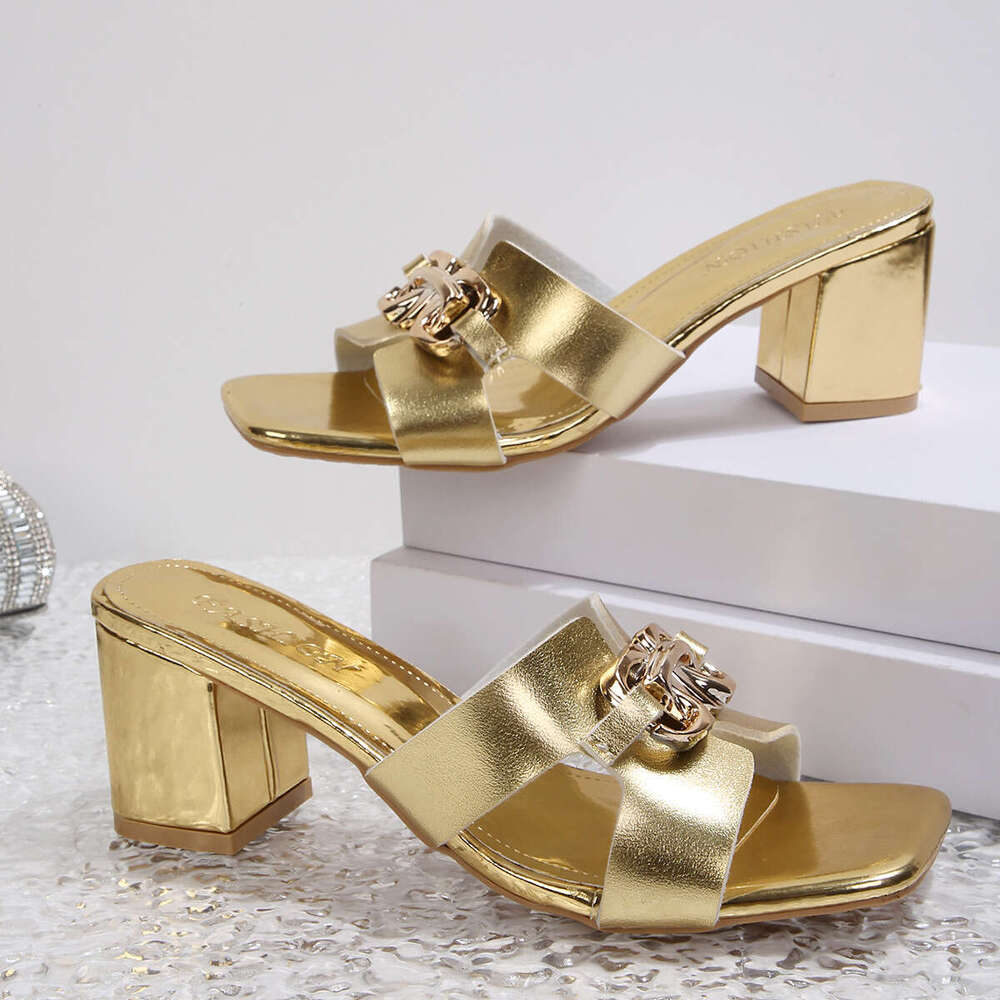 French Style Mid-heel Slippers Open Square Toe Sandals for Women 2026 New Summer Model with Metal Chunky Heel Slippers for Women