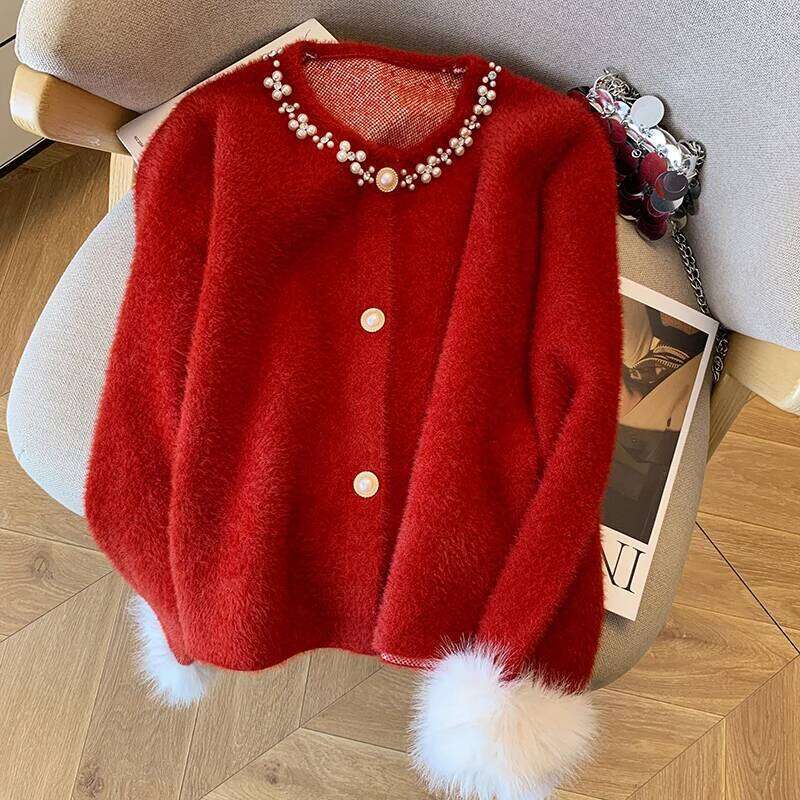 Women Knitted Cardigan Nail Bead Round Neck Long Sleeve Splicing Plush Design Autumn Winter New Style Western Sweater Coat Z260314