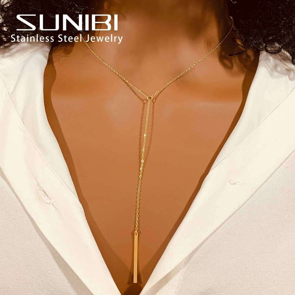 SUNIBI Vertical Bar Pendant Necklaces Stainless Steel Simple Long Lariat Chain Minimalist Dangle Necklace for Women Jewelry Gift H260312