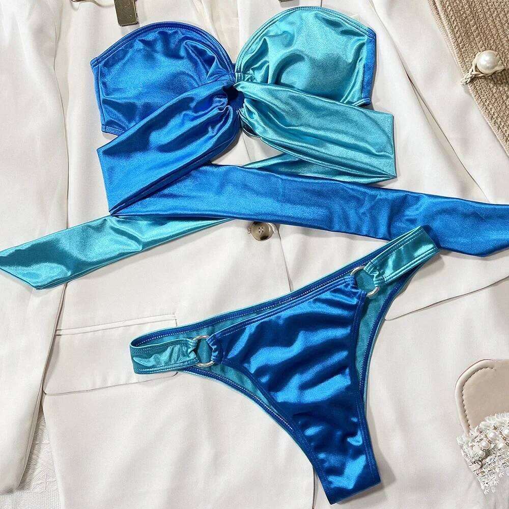 Splicing Strapless Bandeau Bikinis Set 2025 Mujer Swimsuit Women Swimwear Back Bow Bathing Suit Biquinis Swim Wear Beachwear Y260303