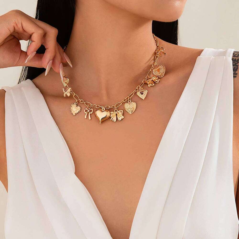 Salircon Vintage Heart Bowknot Charm Choker Necklace Trending Adjustable Clavicle Chain Women Neck Jewelry Gift H260312