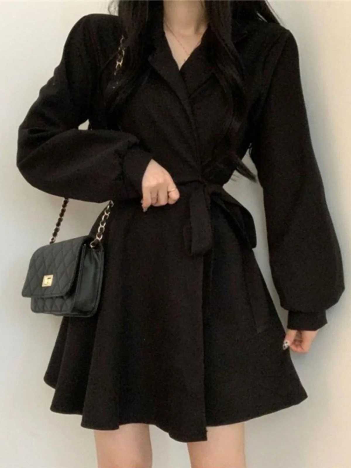 Bla Slimming Waist Gown Womens Faionable irt Dr Long Sve Autumn New Arrival A-Line Skirt V-Ne Casual SleT260314