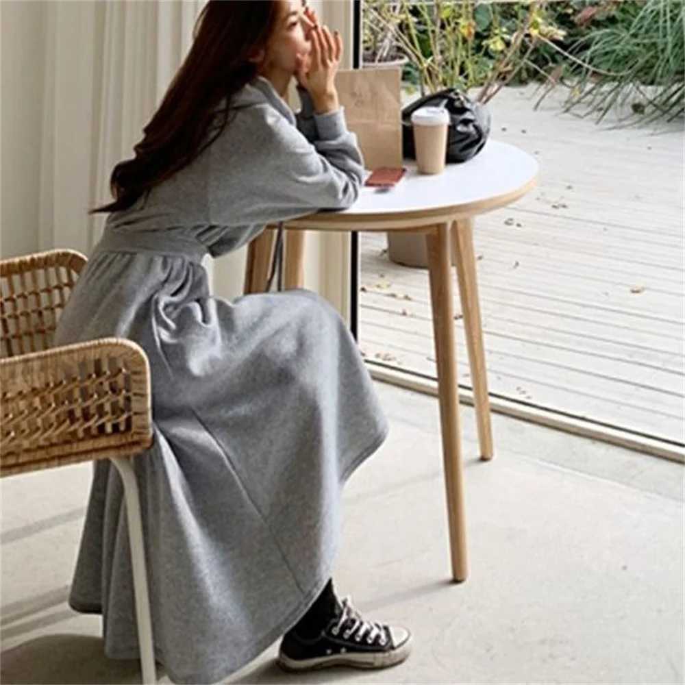 Hooded Hoodie Dresses Loose Dress Slimming Waist Casual Comfortable Long Skirt Korean Style Autumn Winter Simple Solid DressT260314