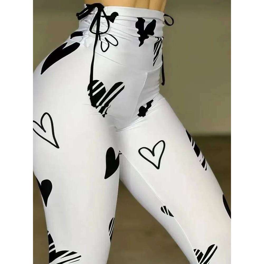 Summer Spring Women's Trousers Drawstring Love Pattern Print Yoga Exercise High Waist Fitness Leggings Ladies Cropped Pants