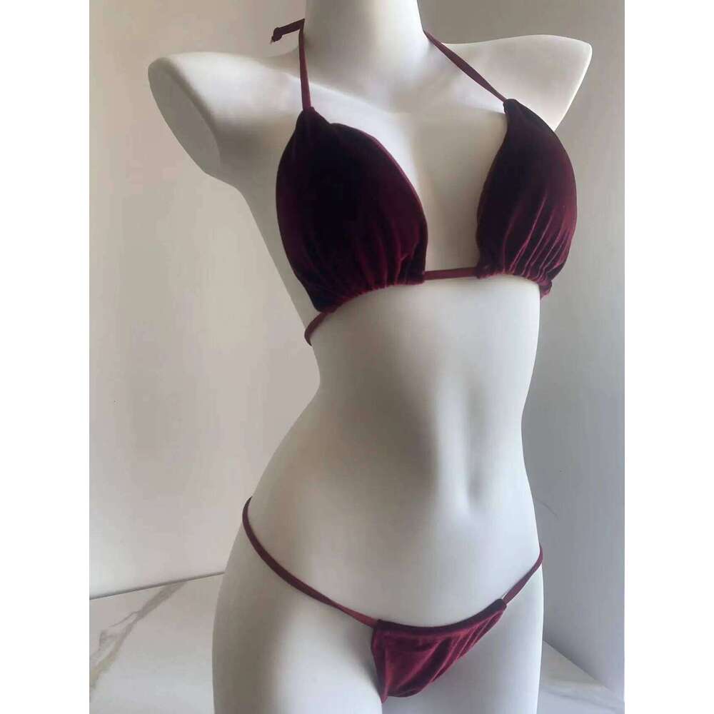 Velvet Bikini Thong Halter Strappy Swimsuit Classic Swimwear Two Piece Women 2024 Beach Outfit Triangle Bikinis Set Bathing Suit Y260303