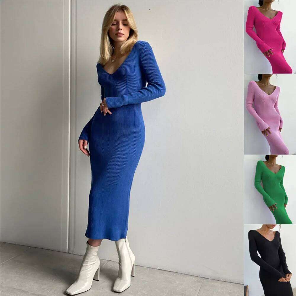 Women's Long Sleeve Knitted Dress, V-Neck, Commuter, Slim Fit, Monochromatic, Autumn, Winter, New Z260313