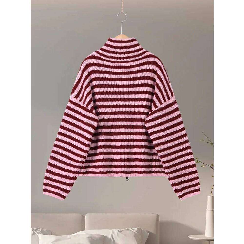 Loose Striped Women's Knit Cardigan Double Zipper Long Sleeve Stand Collar Female Sweater 2025 Autumn Winter Lady Lazy Knitwear Z260313