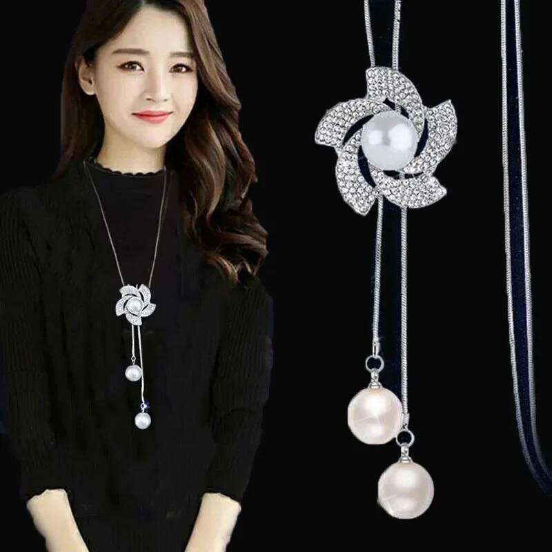 Fashion Red Pearl Flower Long Chain Sweater Necklaces & Pendants for Women Rhinestone Moon Pendant Necklace Female Jewelry H260312