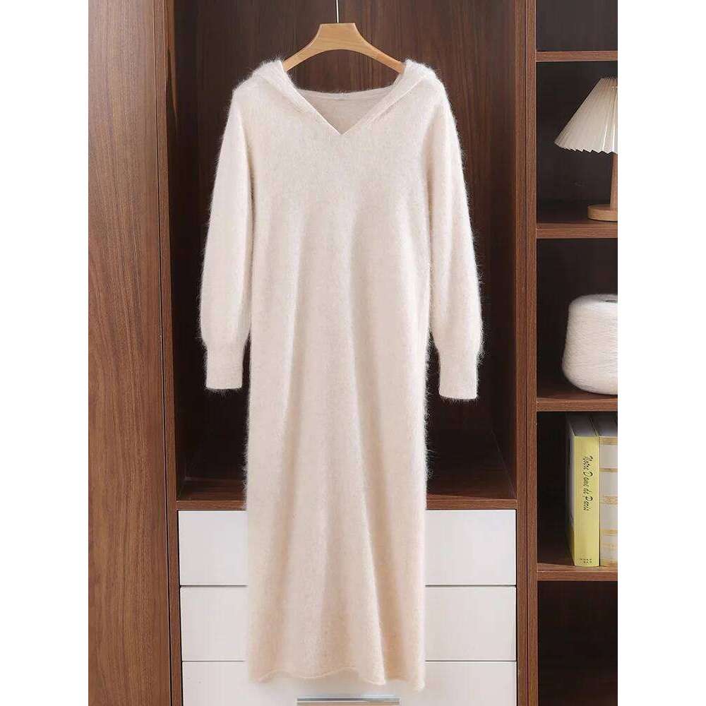 TLOML Women's 100% Mink Hoodie Pullover Casual Style Autumn Winter Solid Soft Warm Cashmere Knitted Long Dress Z260313