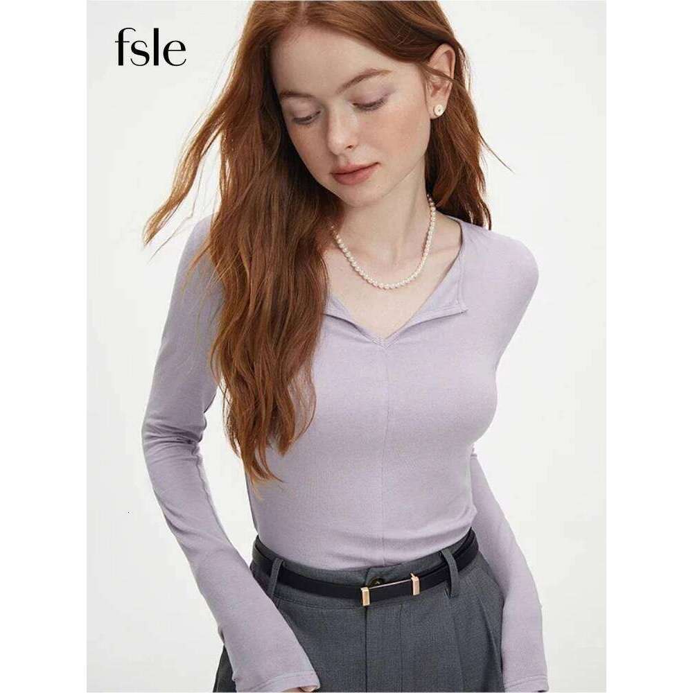 FSLE Autumn Knit Top 2025 New Casual Long Sleeve Sweater For Women V-Neck Slim Cotton Grey Pullover Beige Chi Topc Z260314