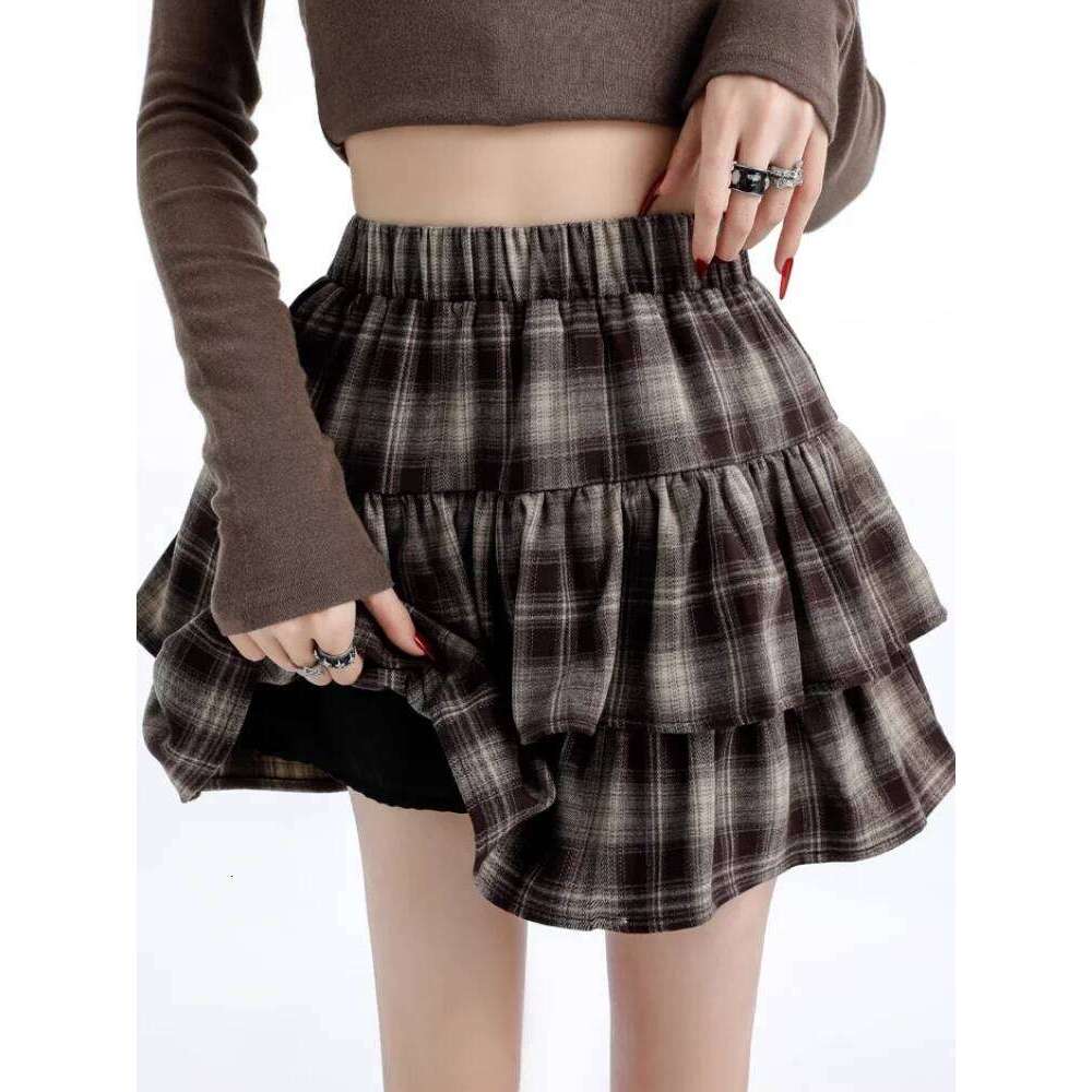Plaid Mini Skirts Women Autumn Winter Color-block Tierred Ruffles Elastic Waisted A-line Cake Skirt Streetwear Korean Style Z260314