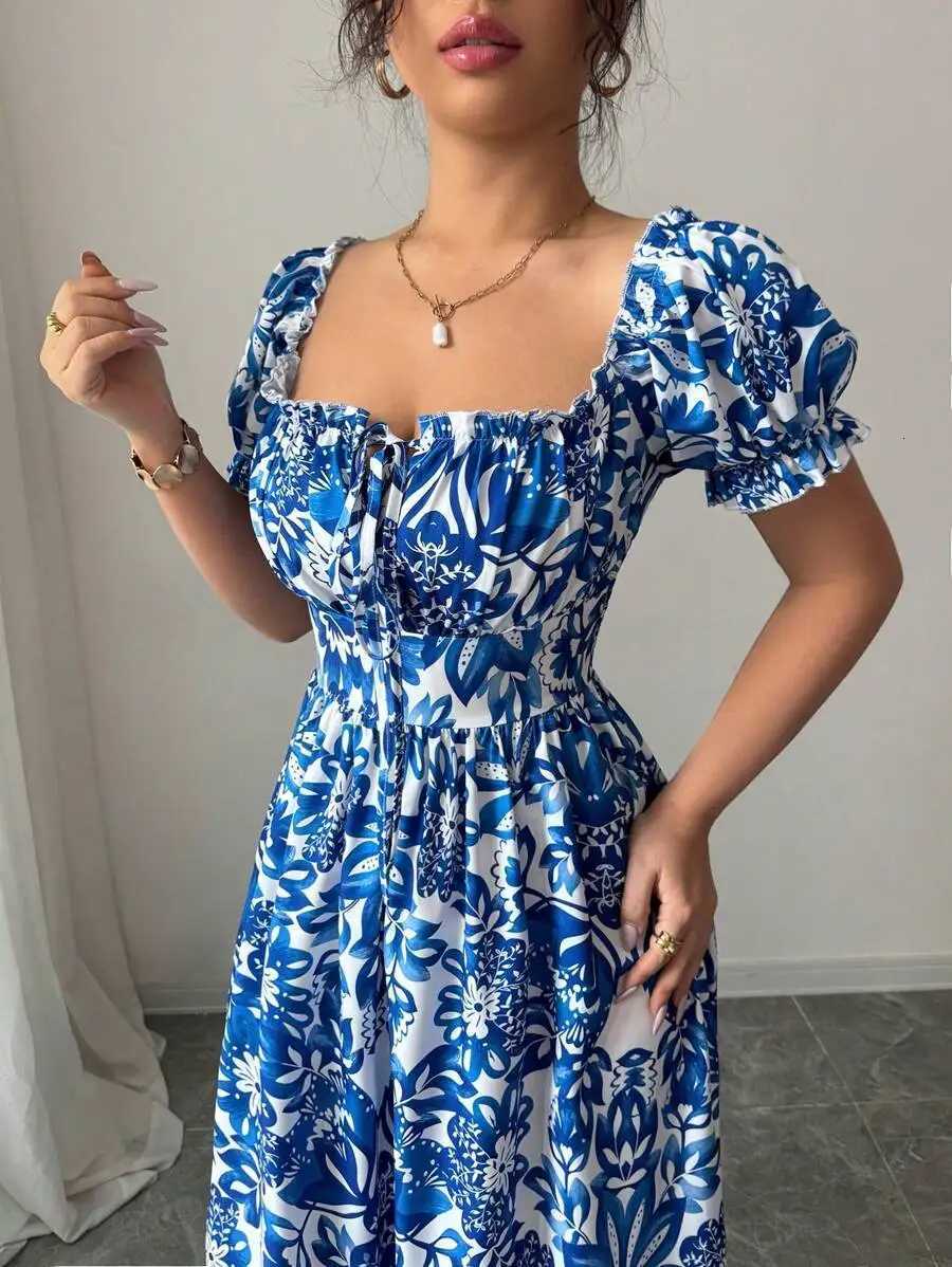Elegant Womens Floral Print Bubble Sleeve Dress Blue Long Dress Front Tie Back Gathered Waist Casual VacationT260314