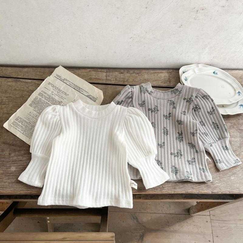 Women's Knits & Tees Children's Spring and Autumn Versatile Baby Girls' Stylish Floral Print Top with Puff Sleeves Ribbed T-Shirt for G