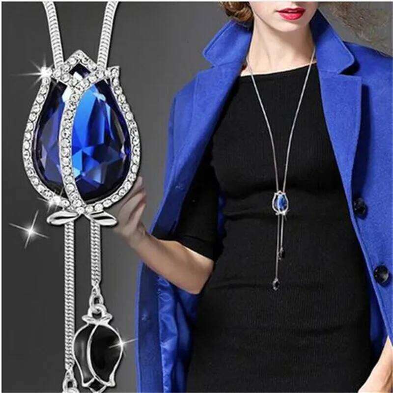 Fashion Unique Hollow Crystal Blue Shampee Tulip Pendant Sweater Silver Color Chain Long Necklace for Women H260312