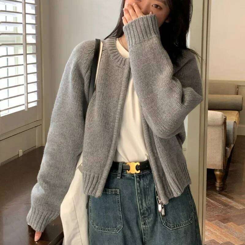 Autumn Winter Women's O Neck Zip-Up Knitted Cardigan, Long Sleeve Sweater, Korean Style Chic Casual Fashion Z260313