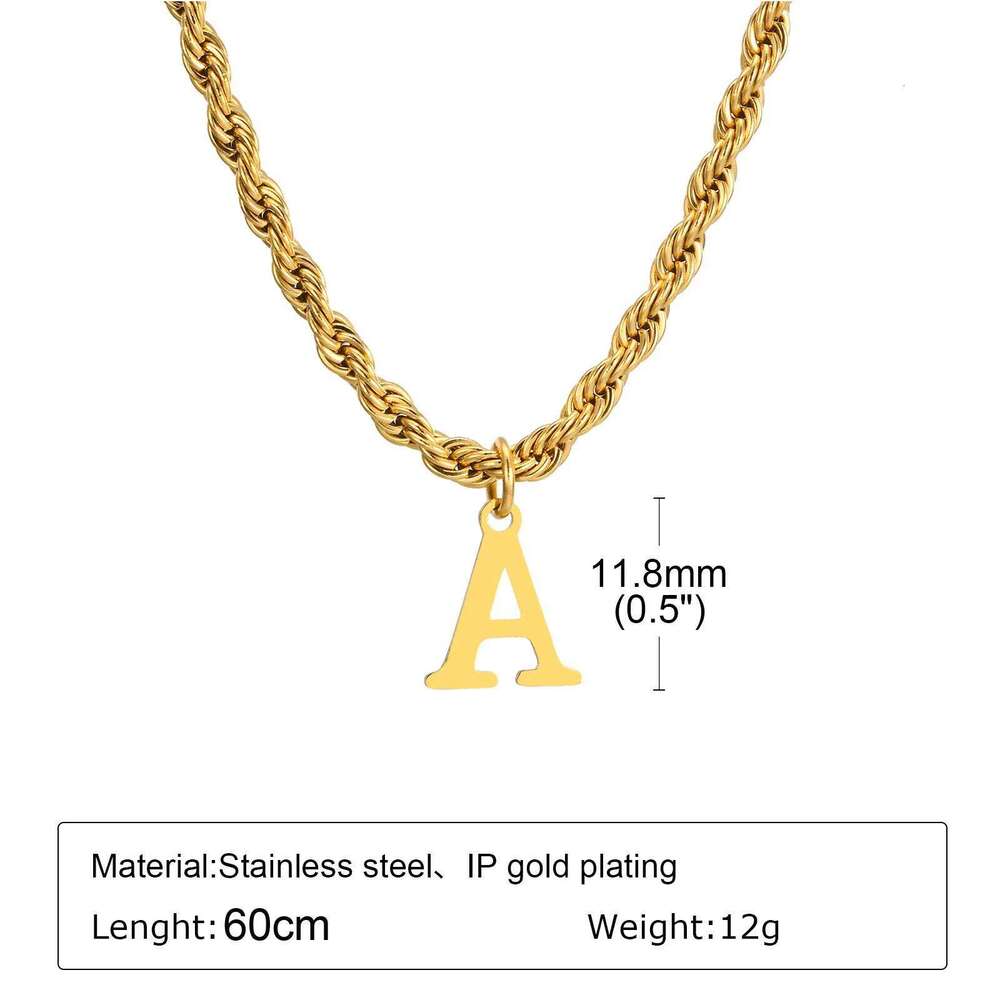 Initial Letters Necklaces for Men Boys,Stainless Steel A-Z 26 Alphabet Charm Pendant with 60CM/23.6" Twisted Rope Chain Gift H260312