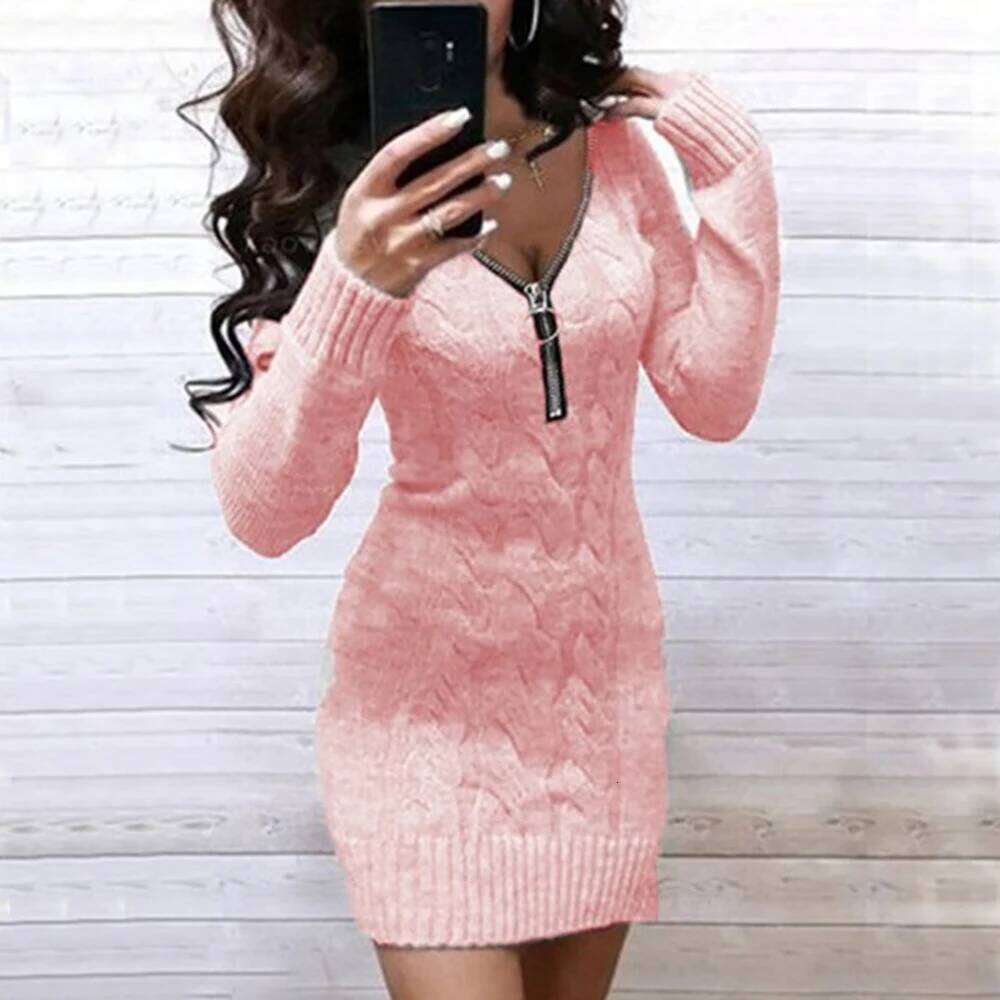 Women Sexy Slim Fit Knitted Sweater Dress Spring New V-neck Zip Long Sleeve Pullover Jumper Solid Casual Lady Mini Party Dresses Z260314