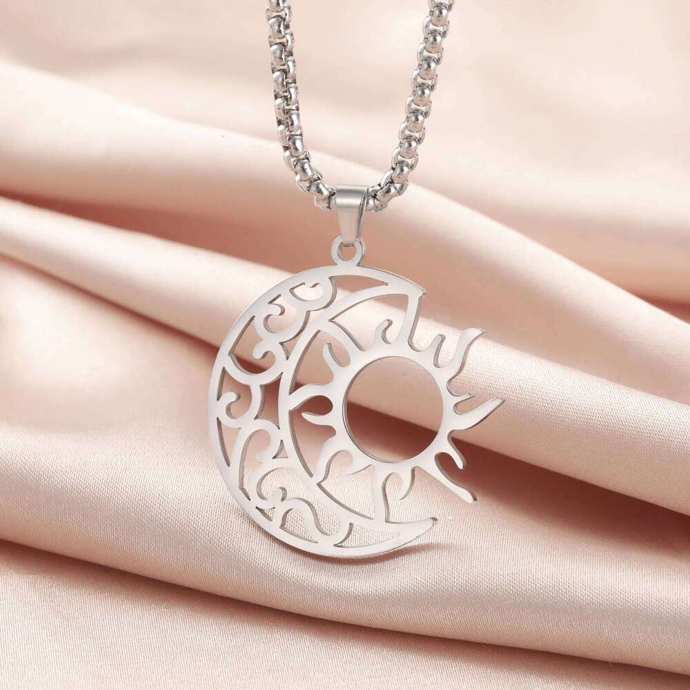 Kkjoy Fashion Stainless Steel Gold Color 35mm*34mm Sun Moon Double Chain Necklace For Women Wedding Party Jewelry Gift Wholesa H260312