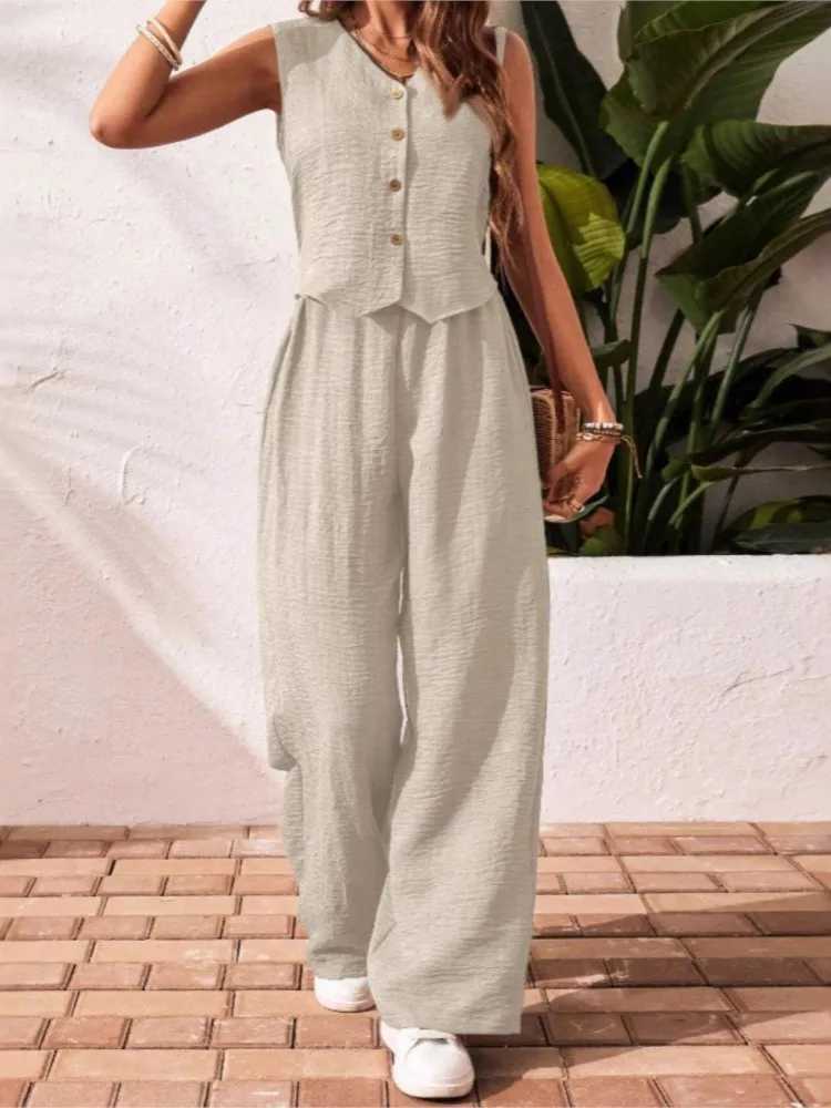 Fashion Solid Office Set Lady Casual V Neck Sleeveless Button Tops High Waist Wide Leg Pants Two Piece Sets For Women Summer New M260313
