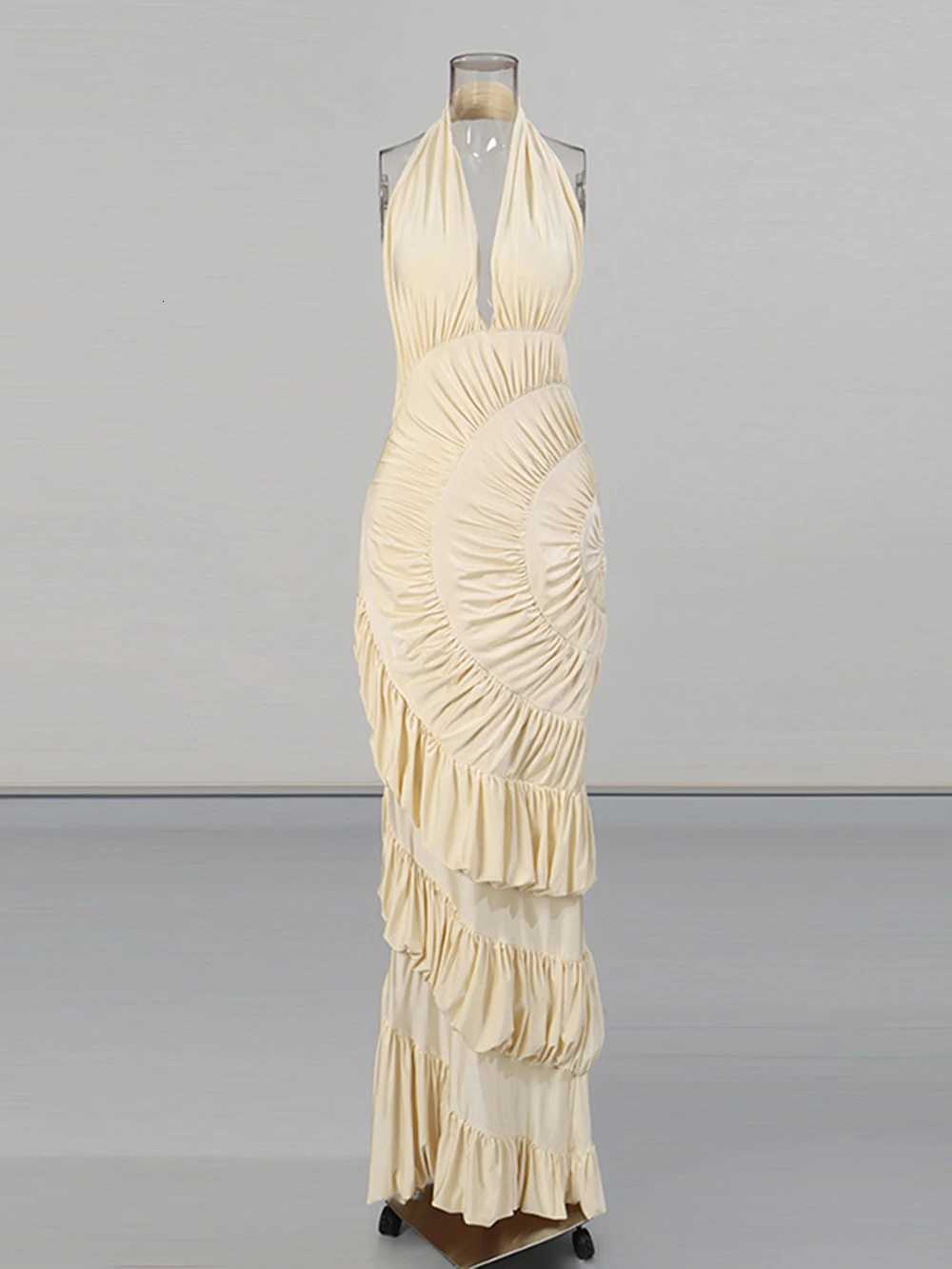 Modphy Elegant Folds Halter Dress Women Solid Off Shoulder Sleeveless Backless Slim Maxi Dresses 2025 New Party Robes LadyT260316