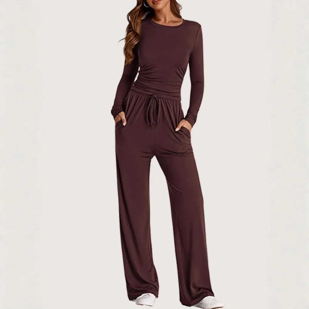 Womens Casual Suit Long Sleeve Wide Leg Pants Woman 2 Piece Set Outfit Slim Long Sleeves Top Solid Color Simple Style Trendy M260313