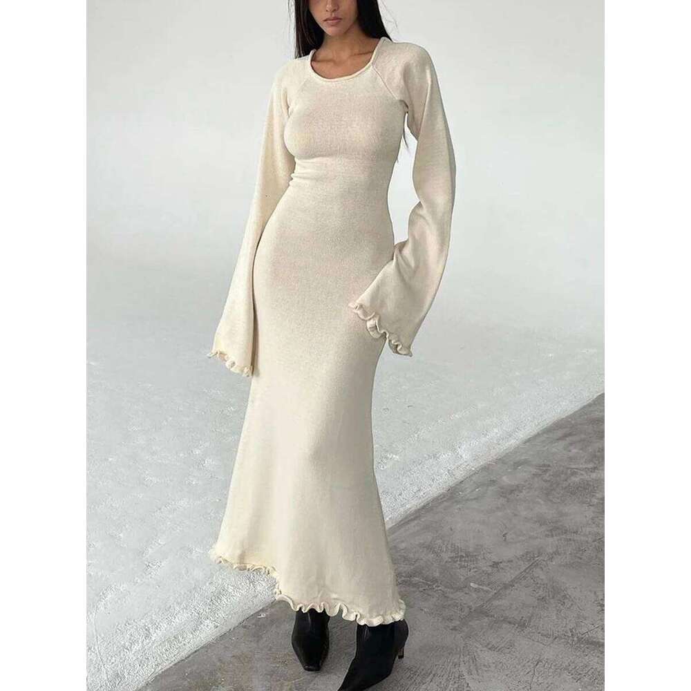 Sexy Backless Knitted Sweater Maxi Dress Outfits for Women Flare Sleeve Dresses Edible Tree Fungus Clothes 2024 Winter Z260314
